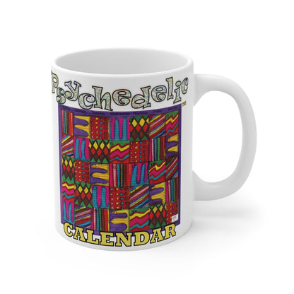 Mug 11oz: Psychedelic Calendar(tm)-Vibrant- MiE Designs Shop. Colorful mazes switch day2day, Glittery top letters, block style below. Right view