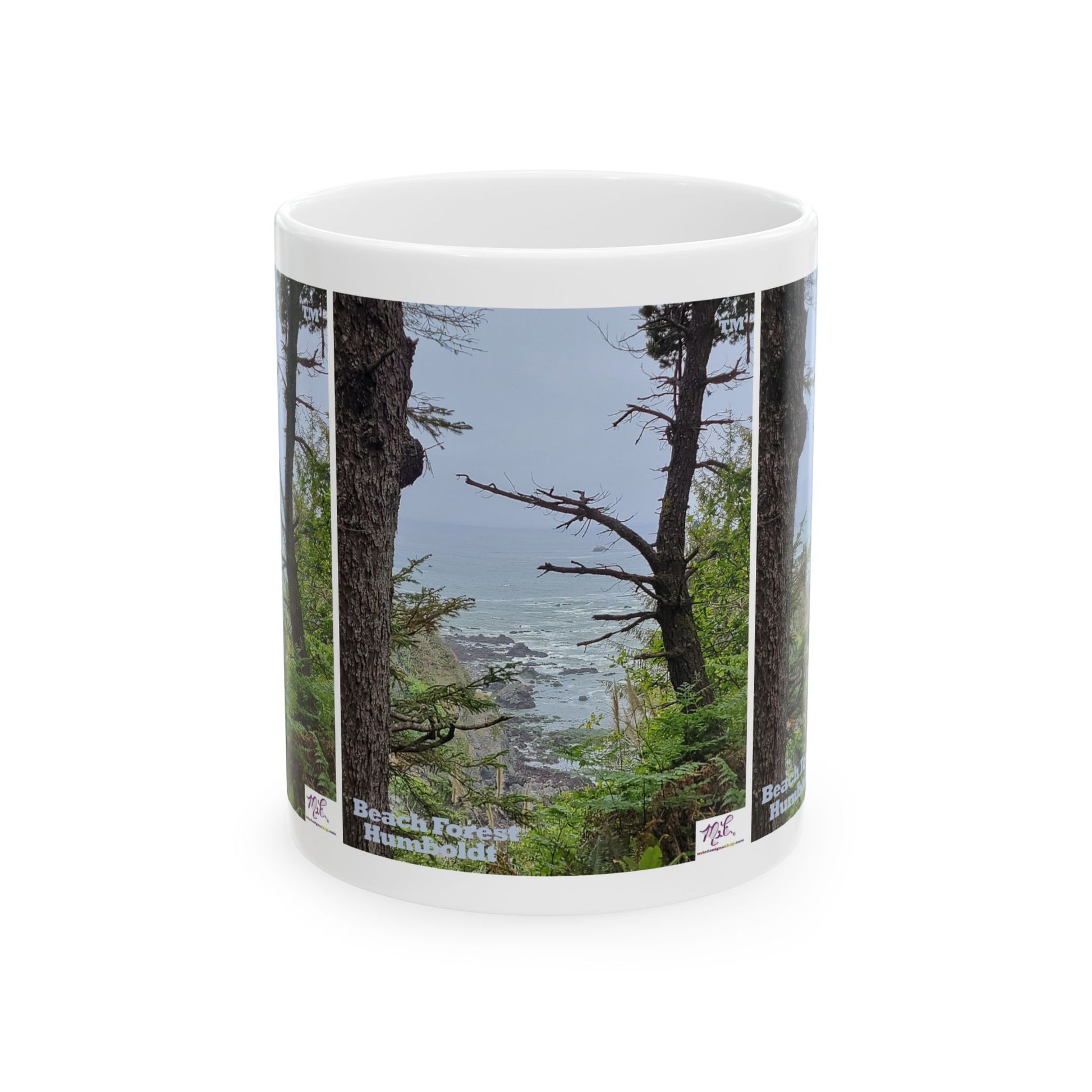 Ceramic Mug 11oz - "Beach Forest Humboldt(tm)" - MiE Designs Shop. Sitka Spuce flank a trailhead leading down to rocky coastline below. Center/fronr view
