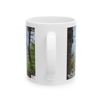 Ceramic Mug 11oz - "Beach Forest Humboldt(tm)" - MiE Designs Shop. Sitka Spuce flank a trailhead leading down to rocky coastline below. Handle view