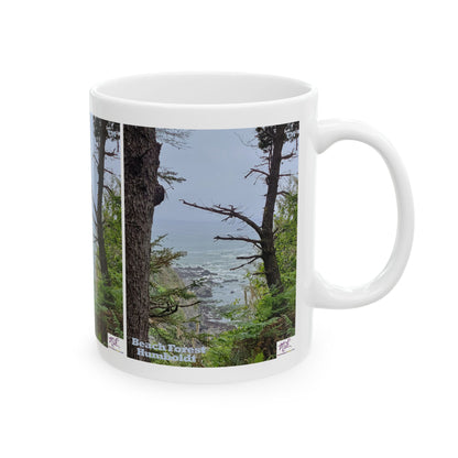 Ceramic Mug 11oz - "Beach Forest Humboldt(tm)" - MiE Designs Shop. Sitka Spuce flank a trailhead leading down to rocky coastline below. Right view