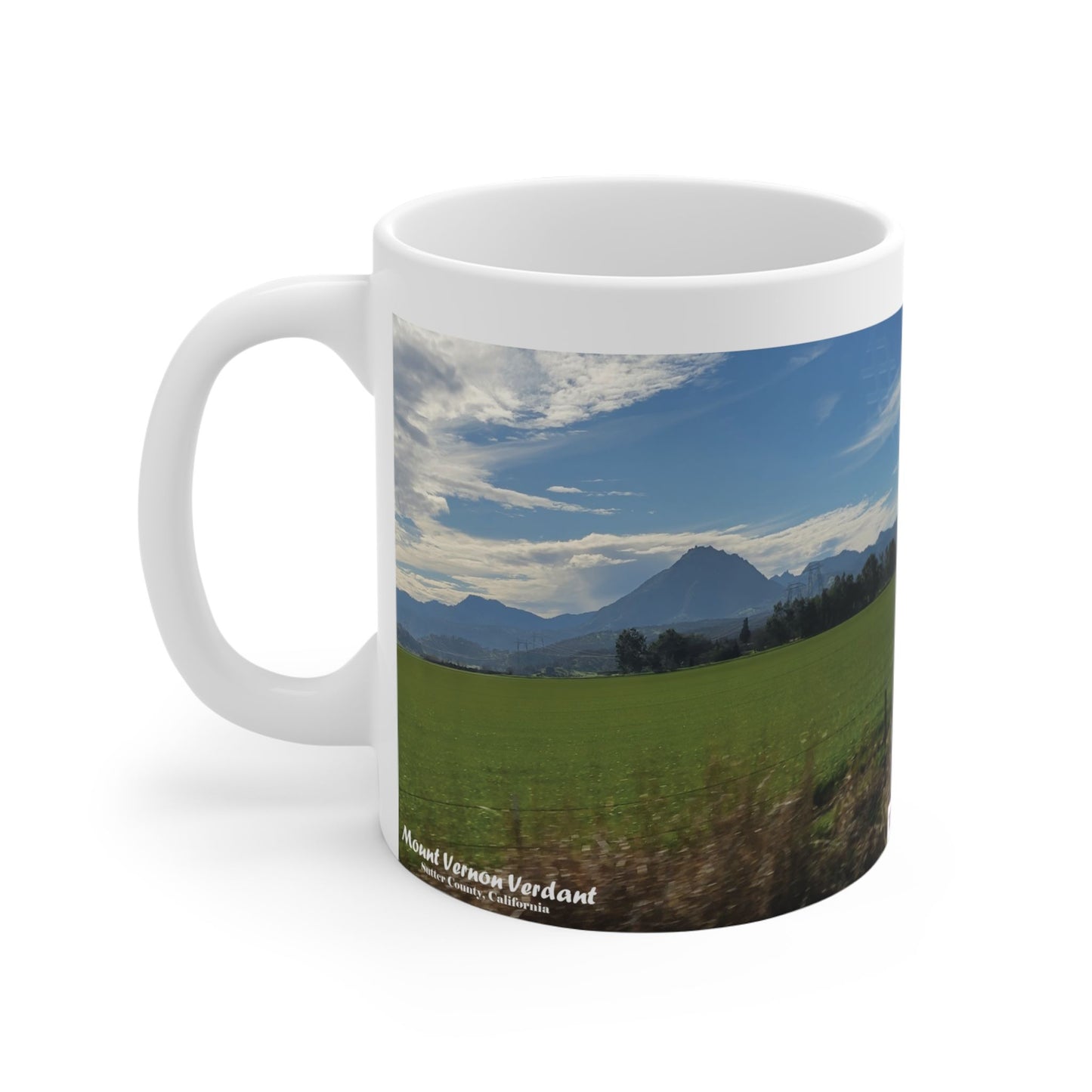 Mug 11oz-Mount_Vernon_Verdant- MiE Designs Shop miedesignsshop.com Looming large, Mount Vernon does its part of the Sutter Buttes.. Left