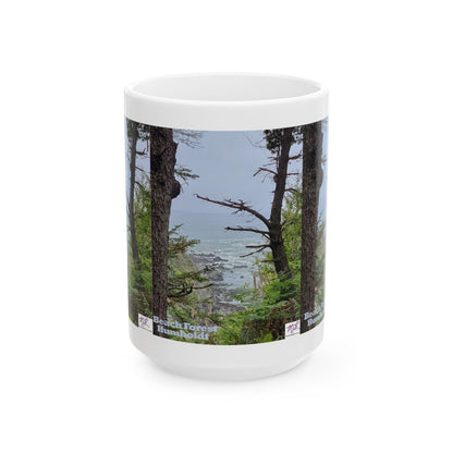 Ceramic Mug 15oz - "Beach Forest Humboldt(tm)" - MiE Designs Shop. Sitka Spuce flank a trailhead leading down to rocky coastline below. Front/middle view