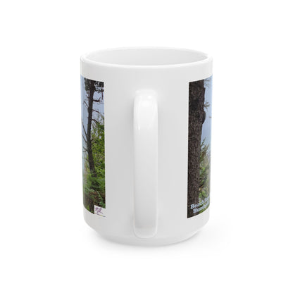 Ceramic Mug 15oz - "Beach Forest Humboldt(tm)" - MiE Designs Shop. Sitka Spuce flank a trailhead leading down to rocky coastline below. Handle view