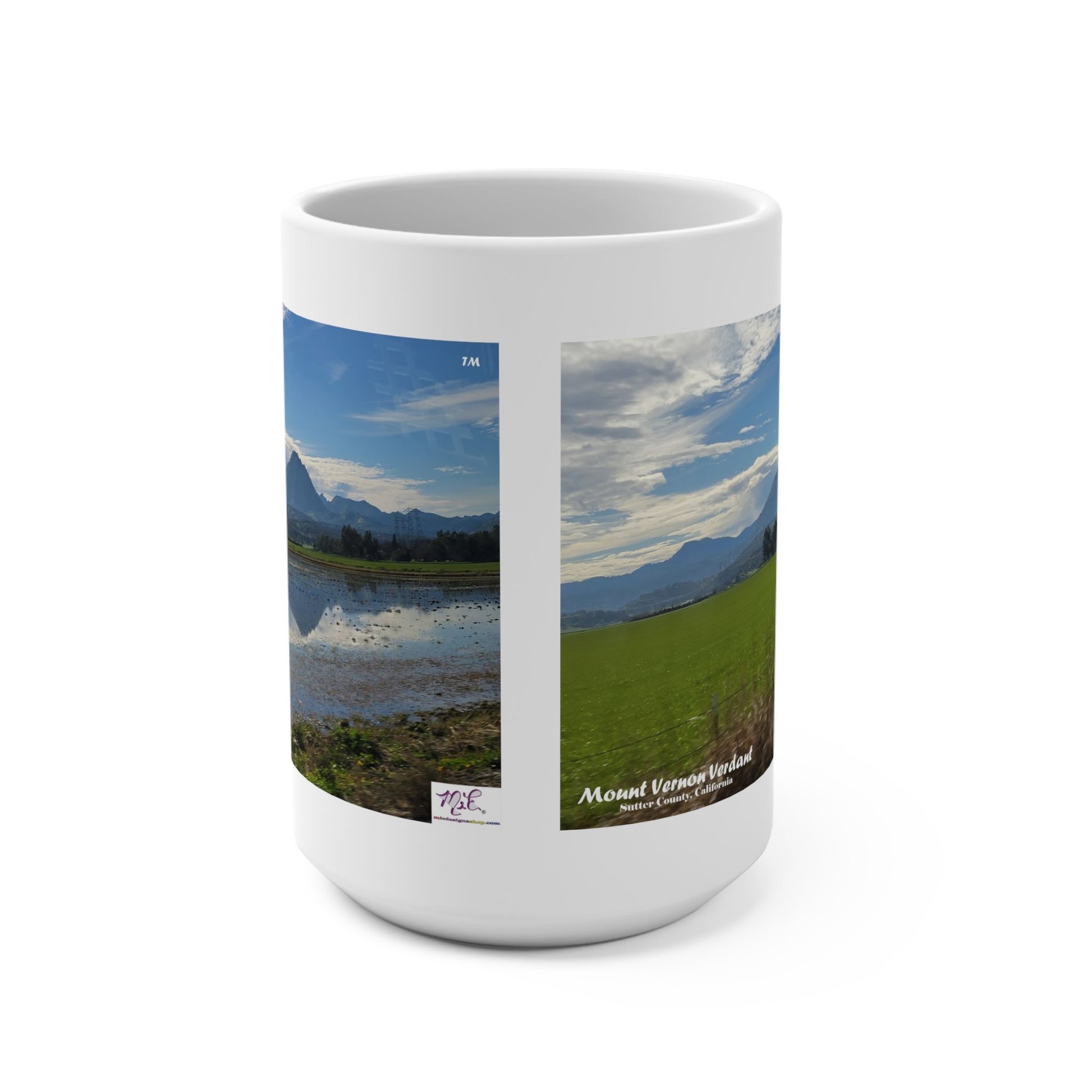 Mug 15oz-Mount_Vernon_Verdant_Reflect- MiE Designs Shop miedesignsshop.com Mt. Vernon over green fields on right, mirrored on left... White Space