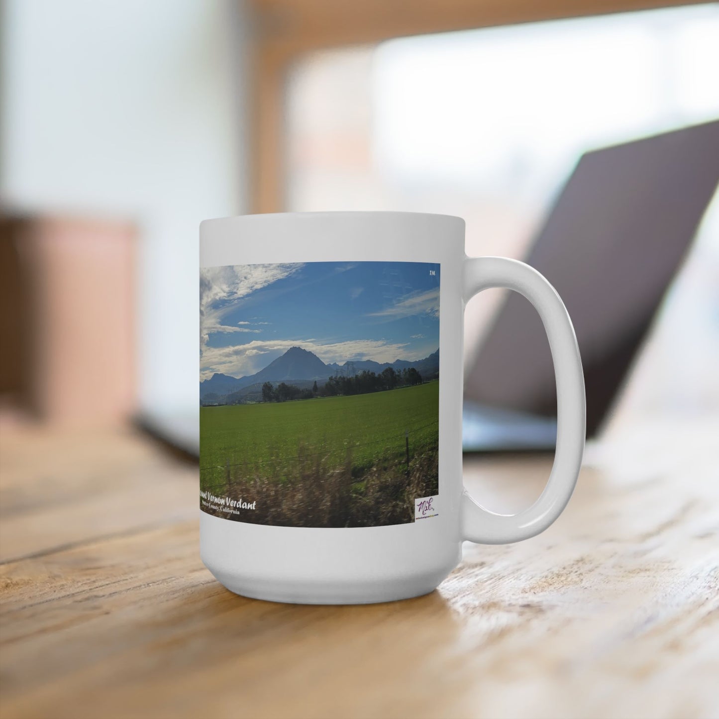 Mug 11oz-Mount_Vernon_Verdant_Reflect- MiE Designs Shop miedesignsshop.com Mt. Vernon towering over green fields.