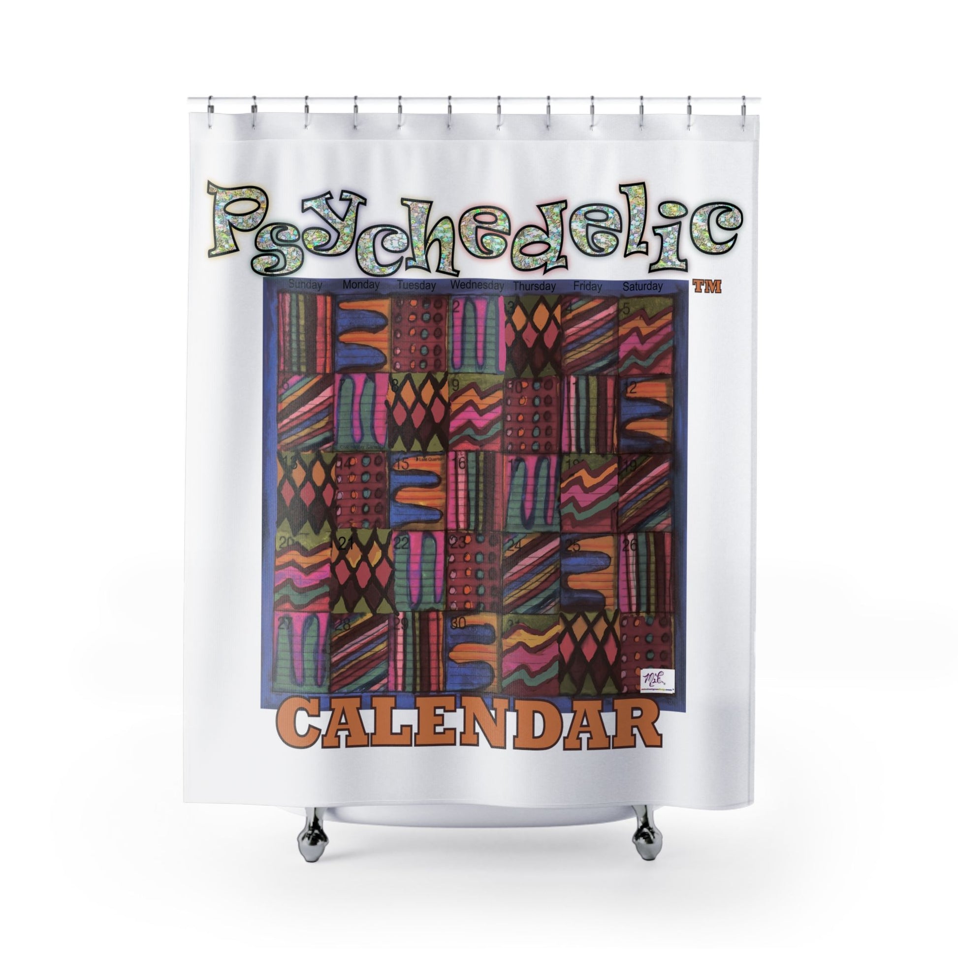 Shower Curtains: "Psychedelic Calendar(tm)" - Muted - MiE Designs Shop. Calendar of seven alternating designs surrounded by white. Direct view