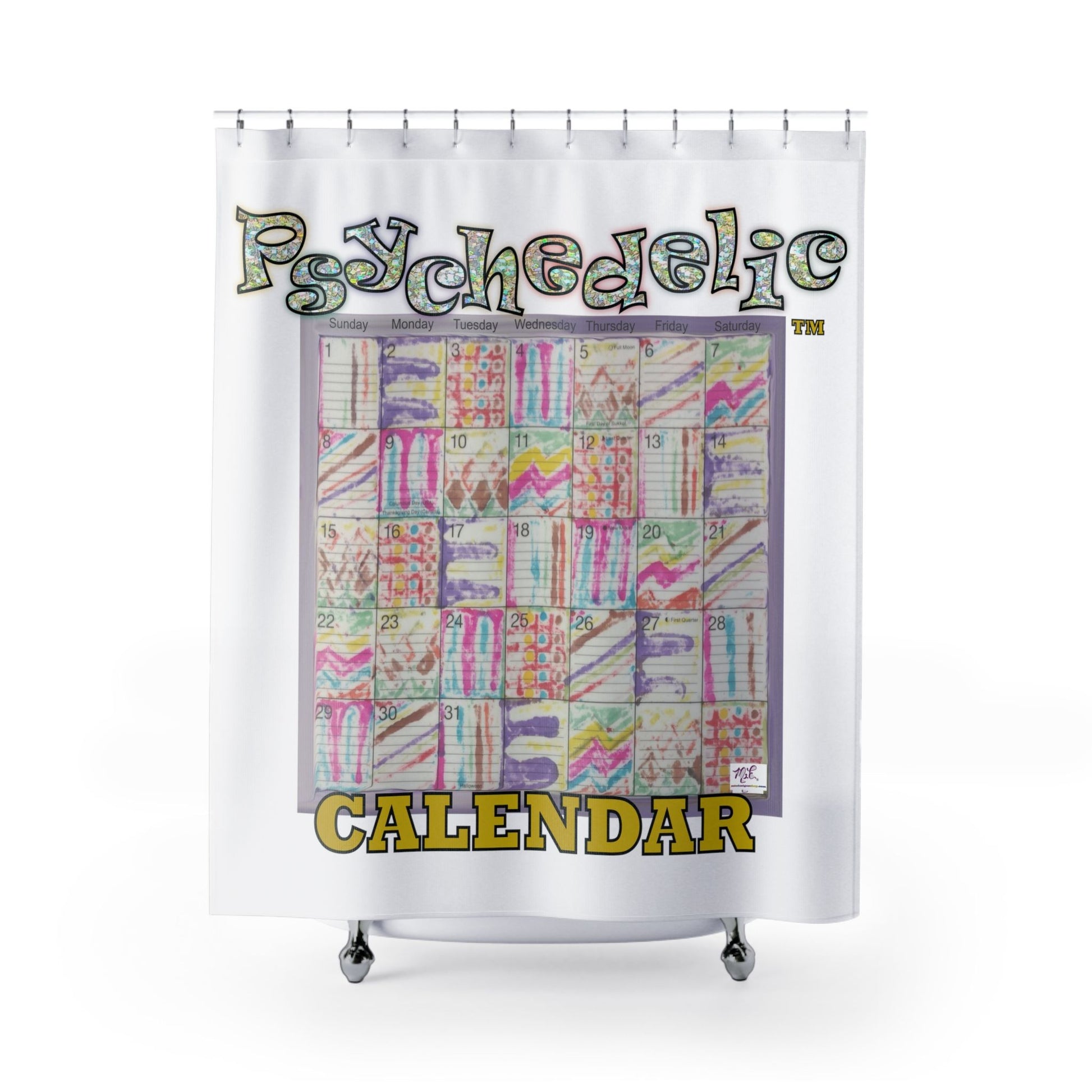 Shower Curtains: "Psychedelic Calendar(tm)" - Seeped - MiE Designs Shop. Calendar of seven alternating designs surrounded by white. Direct view