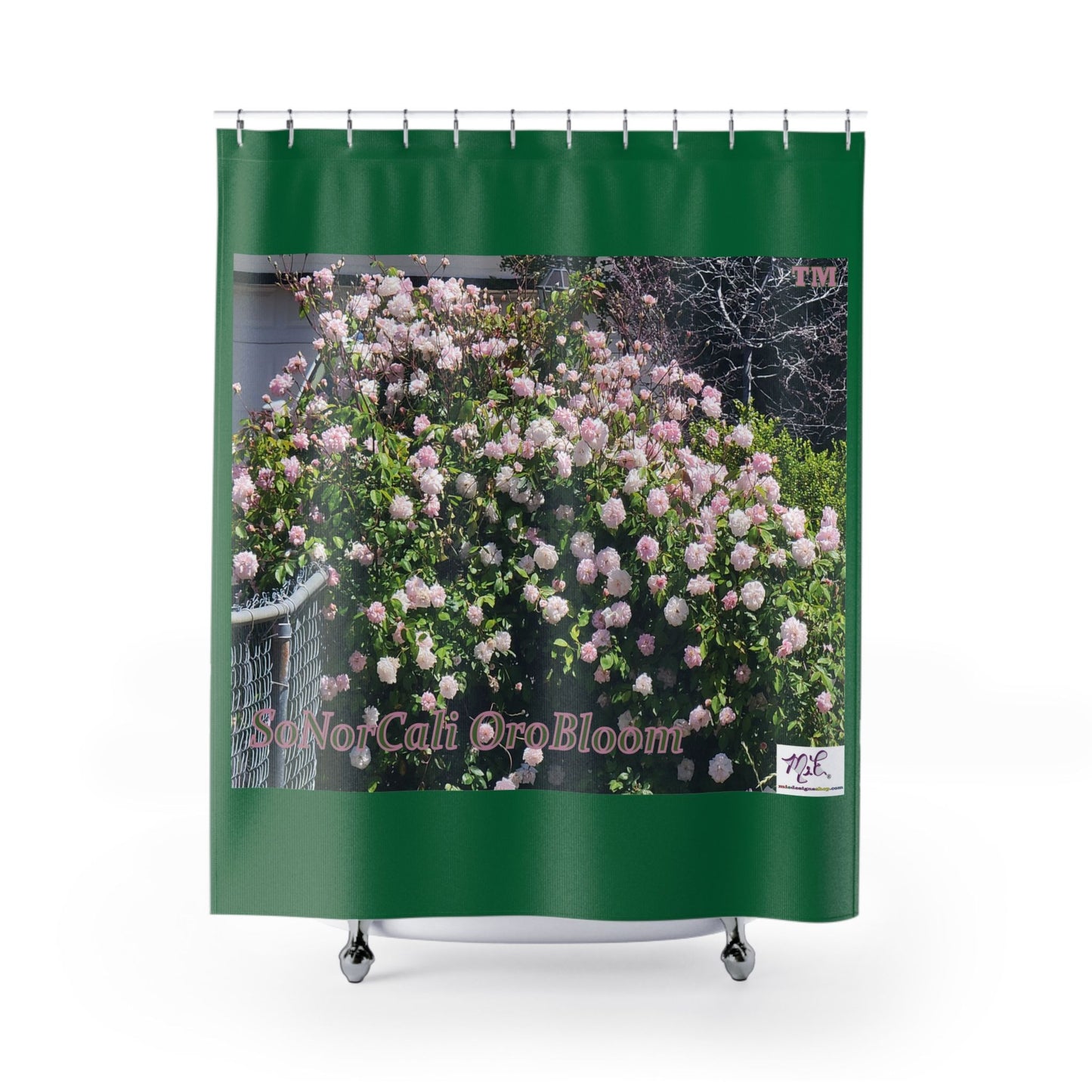 Shower Curtains: "SoNorCali OroBloom(tm)" - Dark Green Background - Mie Designs Shop. Blooming Northern California pink roses; Rolling rack concept