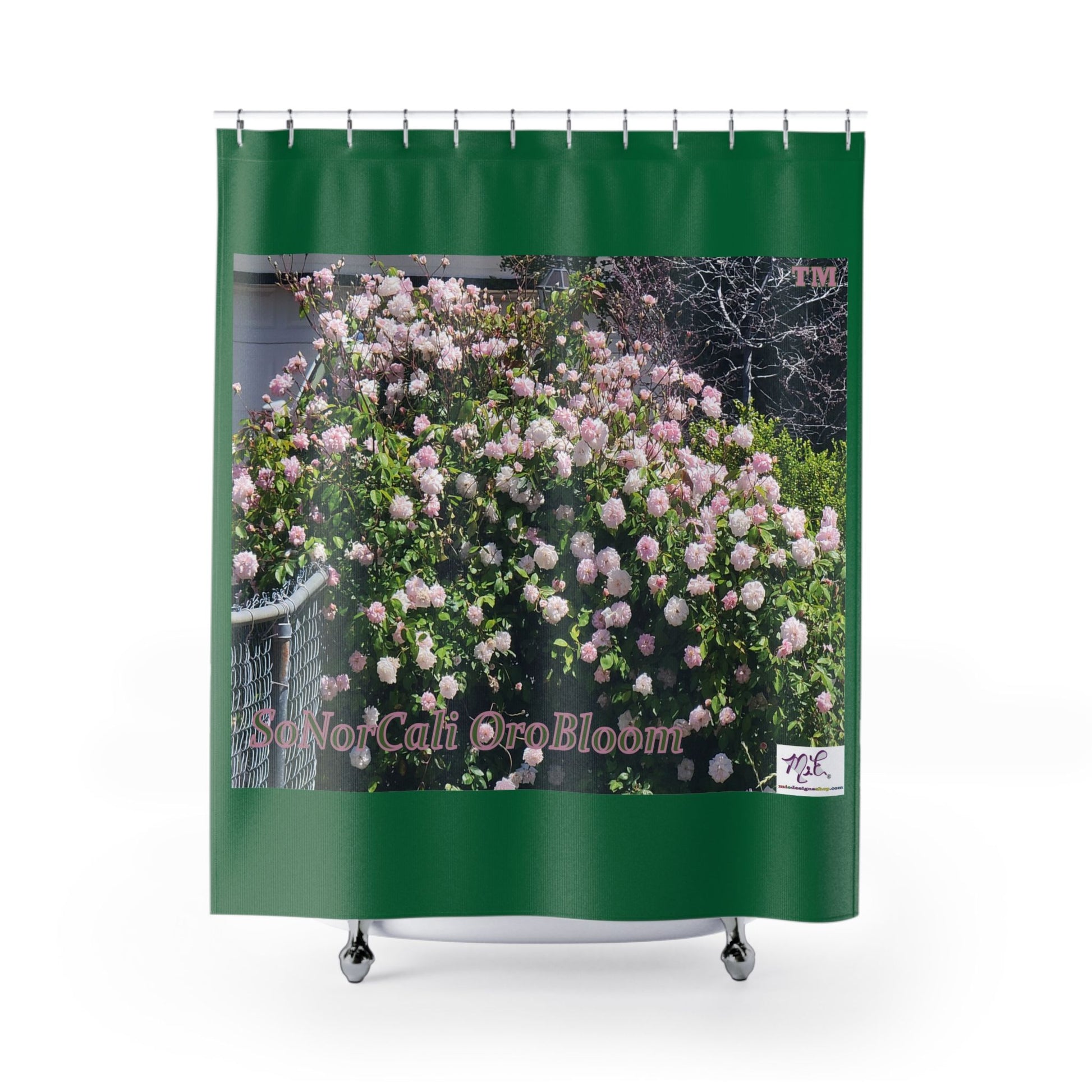 Shower Curtains: "SoNorCali OroBloom(tm)" - Dark Green Background - Mie Designs Shop. Blooming Northern California pink roses; Rolling rack concept