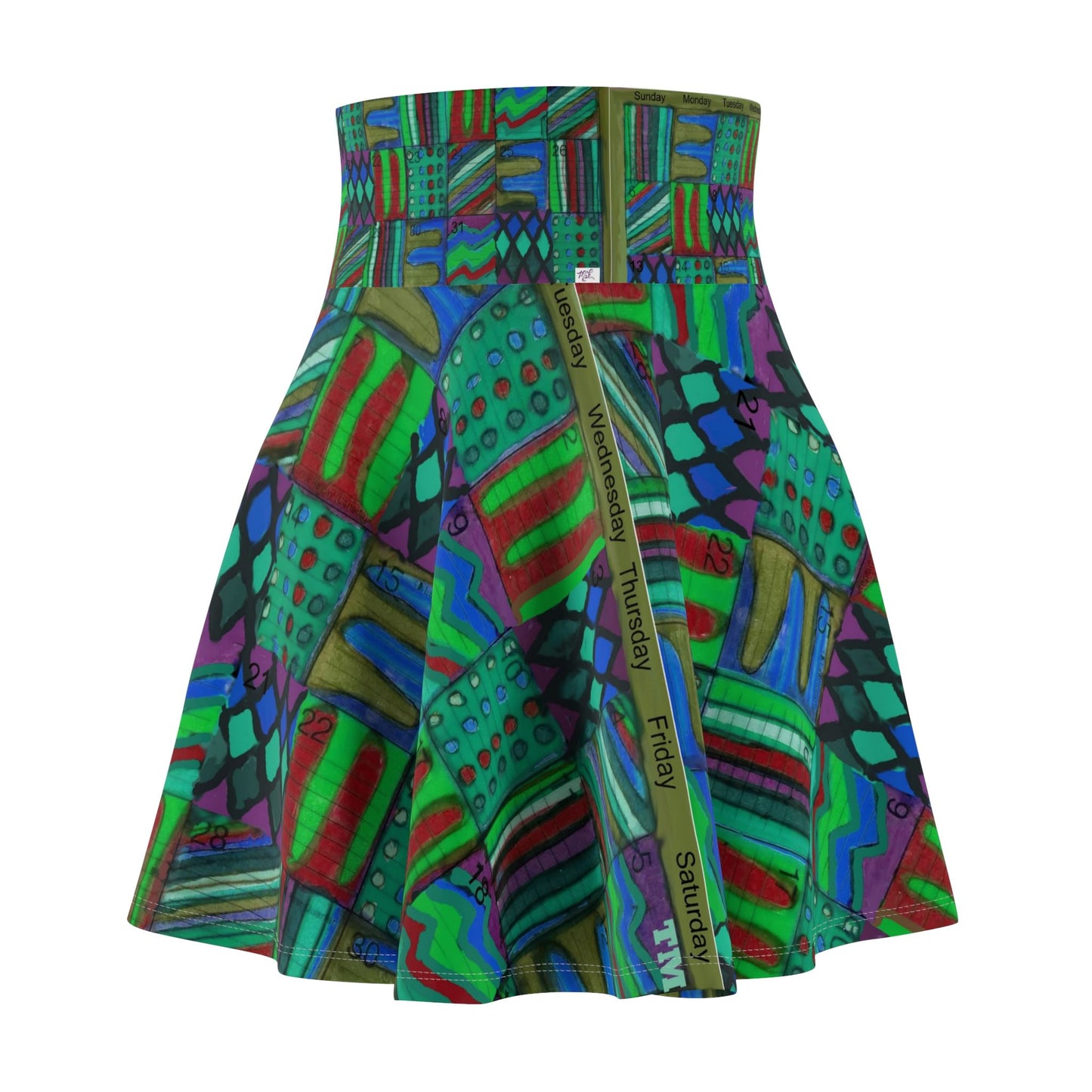 Womens Skater Skirt - "Psychedelic Calendar(tm)" - Chilled - MiE Designs Shop miedesignsshop.com Moodiest patterned mosaic calendar. Front view