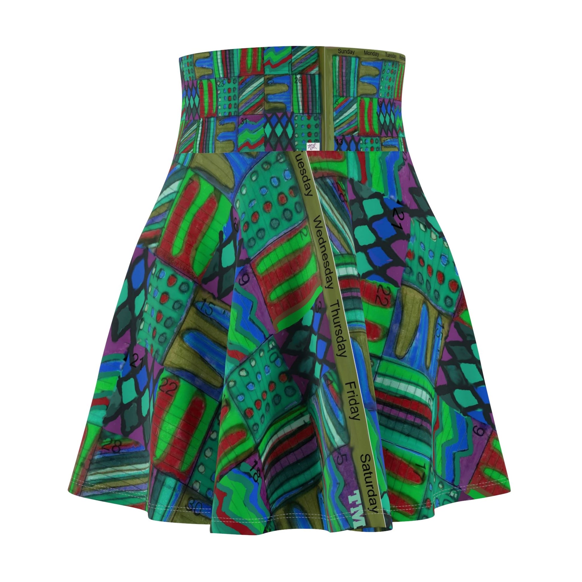 Womens Skater Skirt - "Psychedelic Calendar(tm)" - Chilled - MiE Designs Shop miedesignsshop.com Moodiest patterned mosaic calendar. Front view