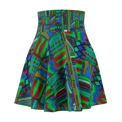 Womens Skater Skirt - "Psychedelic Calendar(tm)" - Chilled - MiE Designs Shop miedesignsshop.com Moodiest patterned mosaic calendar. Front view