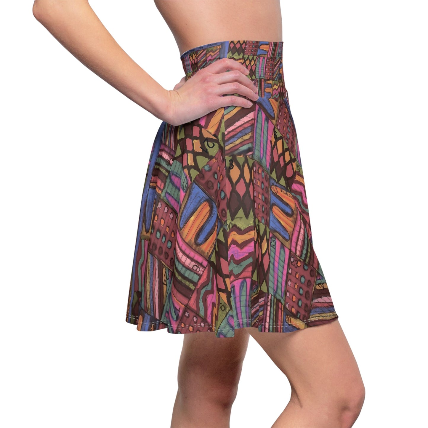 Womens Skater Skirt - "Psychedelic Calendar(tm)" - Muted - MiE Designs Shop miedesignsshop.com Understated colors in mosaic calendar. Side view, model