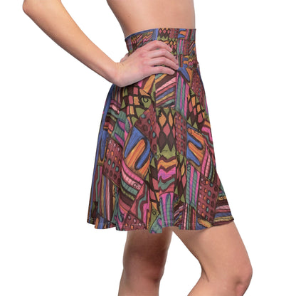 Womens Skater Skirt - "Psychedelic Calendar(tm)" - Muted - MiE Designs Shop miedesignsshop.com Understated colors in mosaic calendar. Side view, model