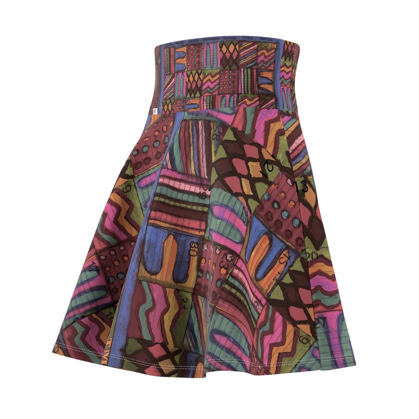 Womens Skater Skirt - "Psychedelic Calendar(tm)" - Muted - MiE Designs Shop miedesignsshop.com Understated colors in mosaic calendar. Back view
