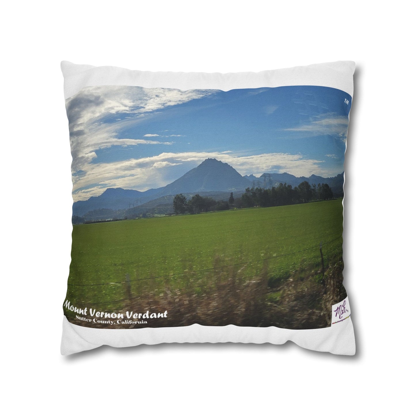 Spun Polyester Square Pillow Case – Mount Vernon Reflect Verdant - MiE Designs Shop miedesignsshop.com Mt Vernon, Sutter Buttes green and mirrored sides