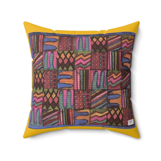 Spun Polyester Square PillowCase: Psychedelic Calendar(tm) - Muted - Doublesided - MiE Designs Shop. Multicolor drawings fill calendar days. Yellow border.