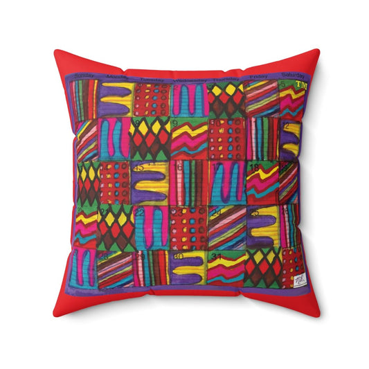 Spun Polyester Square PillowCase: Psychedelic Calendar(tm) - Vibrant - Doublesided - MiE Designs Shop. Multicolor drawings fill calendar days. Red border.