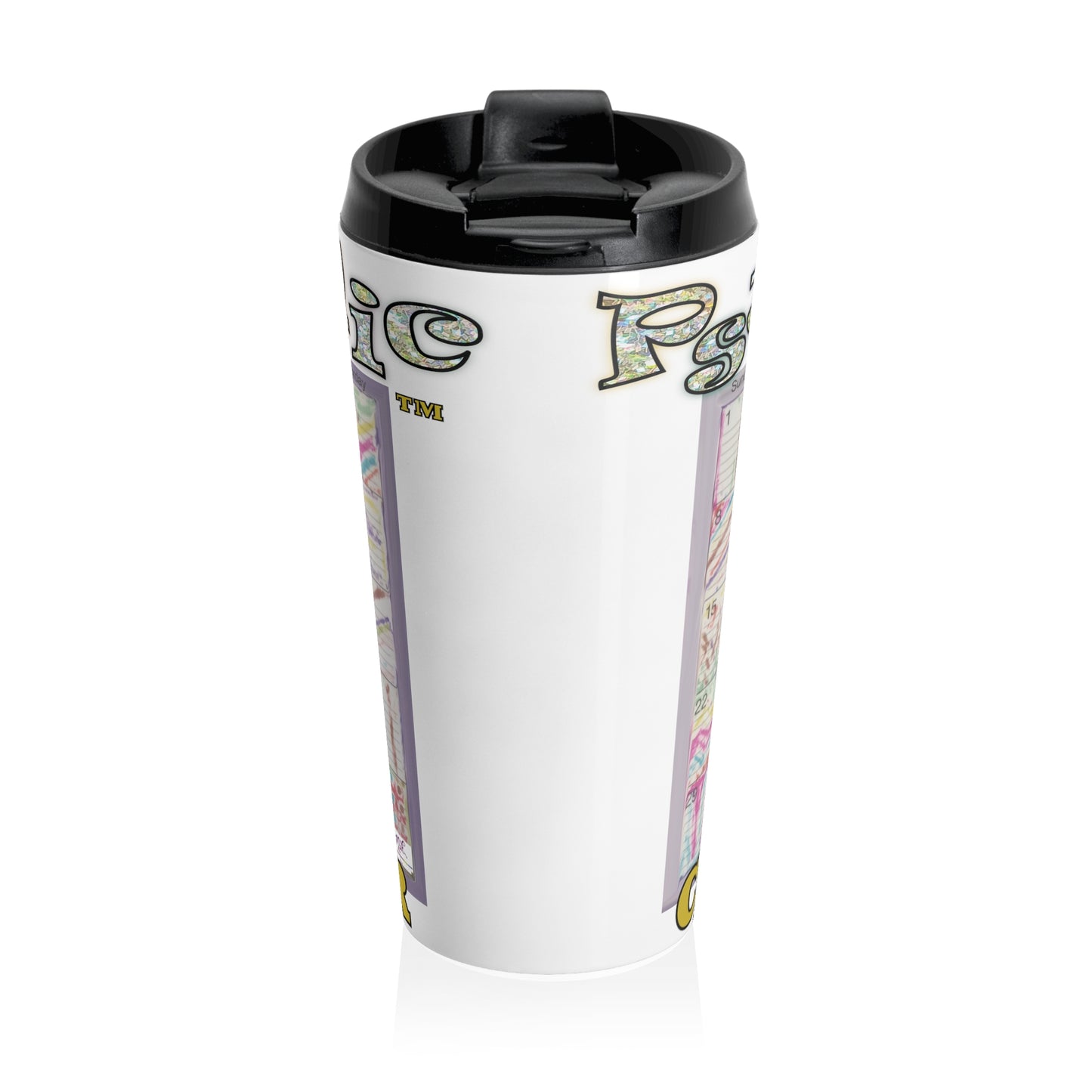 Stainless Steel Travel Mug:: Psychedelic Calendar-Seeped-MiE Designs Shop. Colorful mazes switch day2day, Glittery top letters, block style below. Middle view