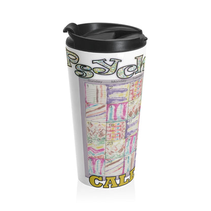 Stainless Steel Travel Mug:: Psychedelic Calendar-Seeped-MiE Designs Shop. Colorful mazes switch day2day, Glittery top letters, block style below. Left view