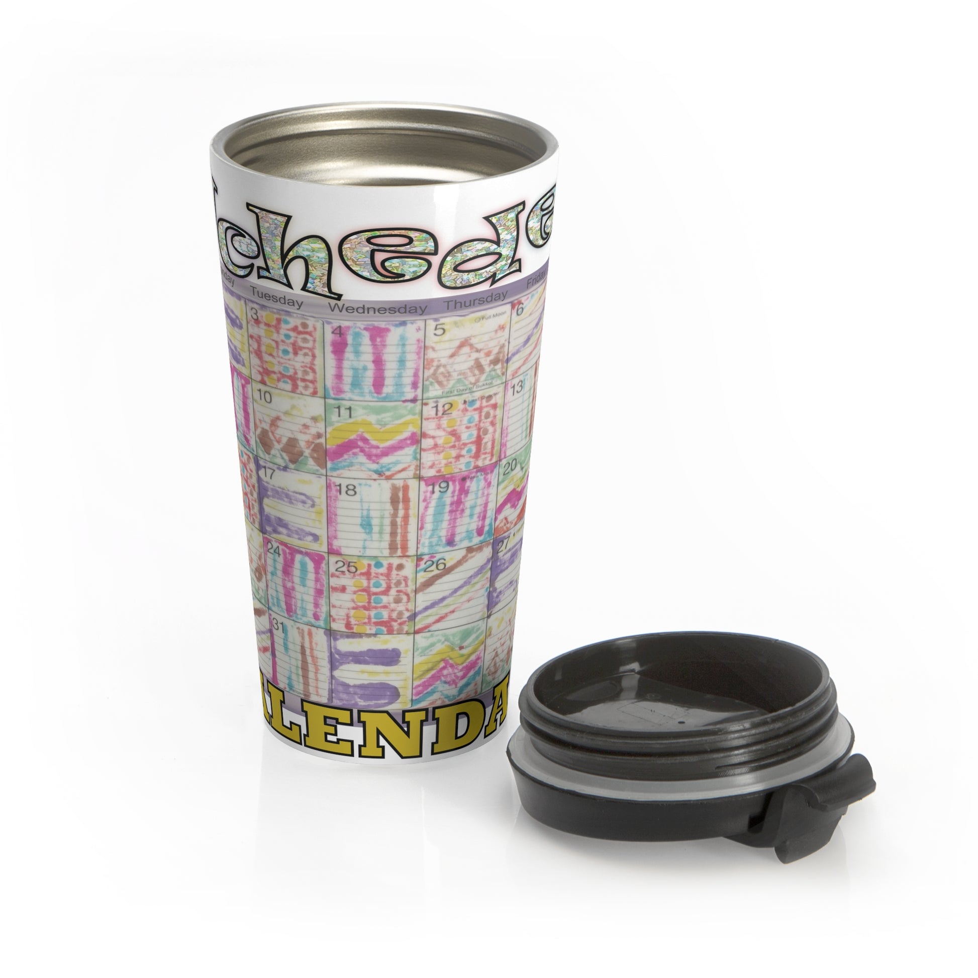 Stainless Steel Travel Mug:: Psychedelic Calendar-Seeped-MiE Designs Shop. Colorful mazes switch day2day, Glittery top letters, block style below. Lid off