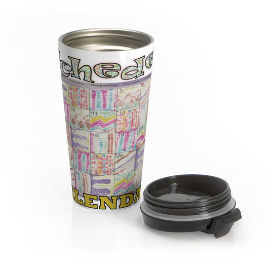 Stainless Steel Travel Mug:: Psychedelic Calendar-Seeped-MiE Designs Shop. Colorful mazes switch day2day, Glittery top letters, block style below. Lid off