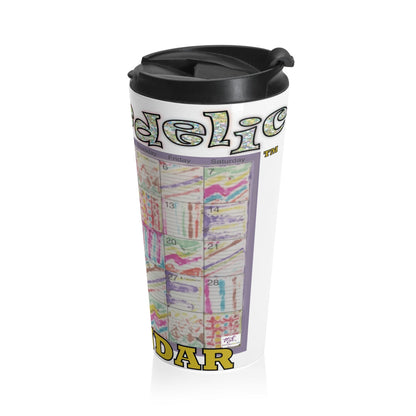 Stainless Steel Travel Mug:: Psychedelic Calendar-Seeped-MiE Designs Shop. Colorful mazes switch day2day, Glittery top letters, block style below. Right view