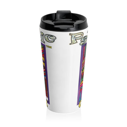 Stainless Steel Travel Mug:: Psychedelic Calendar-Vibrant-MiE Designs Shop. Colorful mazes switch day2day, Glittery top letters, block style below. Back view