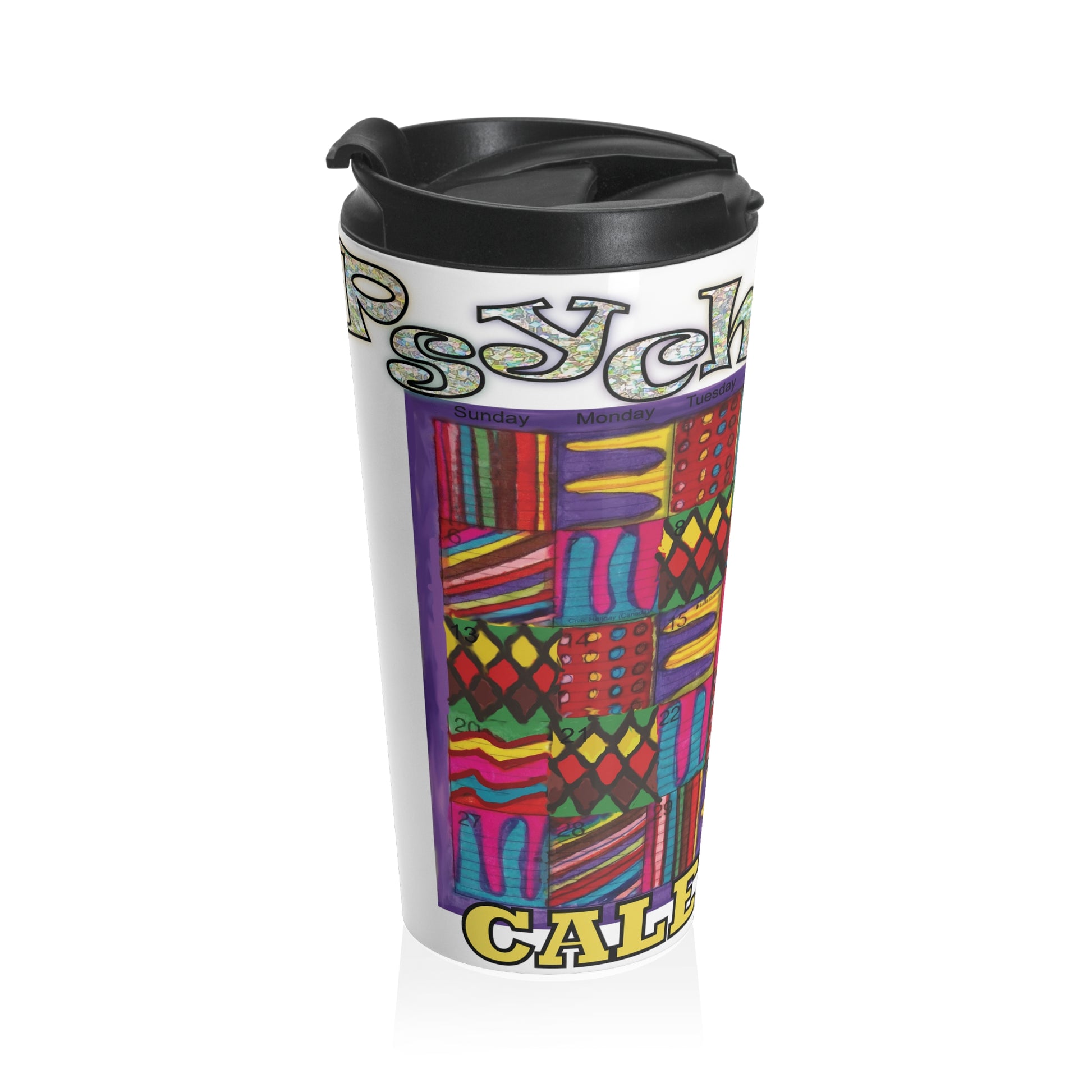 Stainless Steel Travel Mug:: Psychedelic Calendar-Vibrant-MiE Designs Shop. Colorful mazes switch day2day, Glittery top letters, block style below. Left view