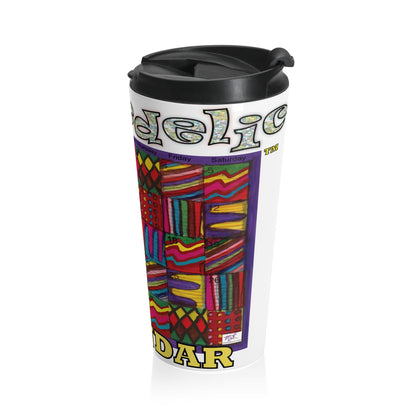 Stainless Steel Travel Mug:: Psychedelic Calendar-Vibrant-MiE Designs Shop. Colorful mazes switch day2day, Glittery top letters, block style below. Right view