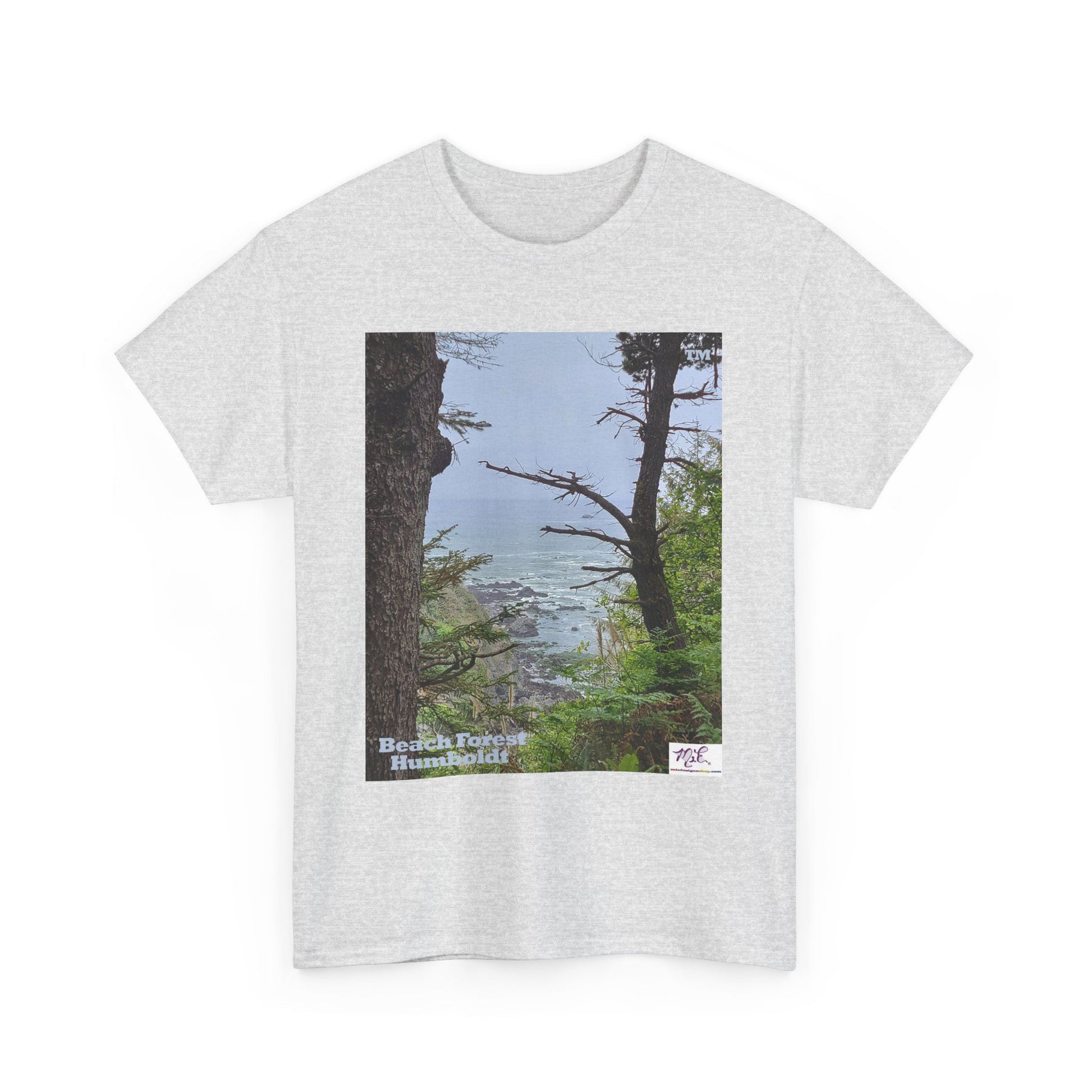 Unisex_Heavy_Cotton_Tee_-_Beach_Forest_Humboldt_-_Ash_- MiE Designs Shop. Sitka Spuce flank a trailhead leading down to rocky coastline below. Small Sizes