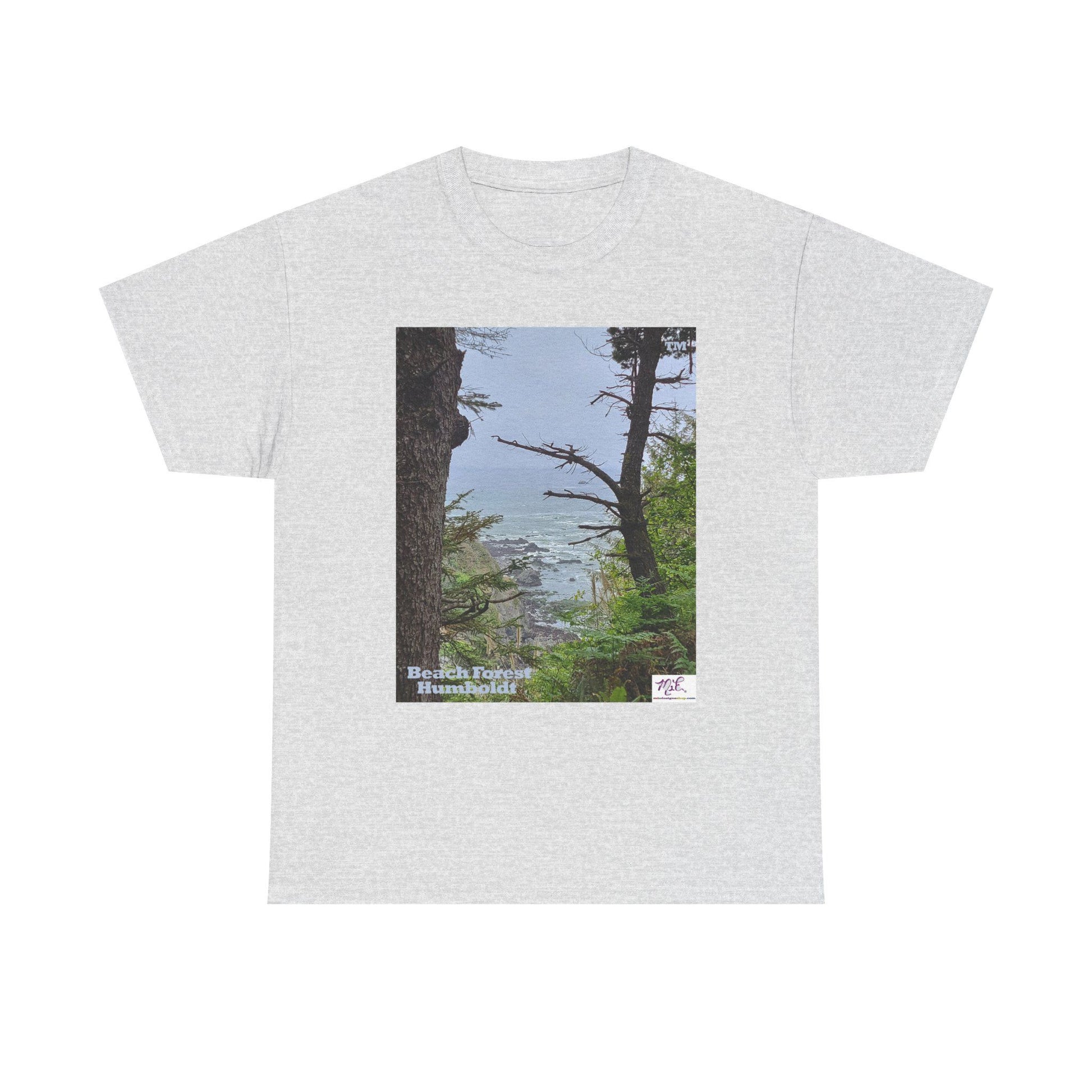 Unisex_Heavy_Cotton_Tee_-_Beach_Forest_Humboldt_-_Ash_- MiE Designs Shop. Sitka Spuce flank a trailhead leading down to rocky coastline below. Large Sizes