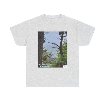 Unisex_Heavy_Cotton_Tee_-_Beach_Forest_Humboldt_-_Ash_- MiE Designs Shop. Sitka Spuce flank a trailhead leading down to rocky coastline below. Large Sizes
