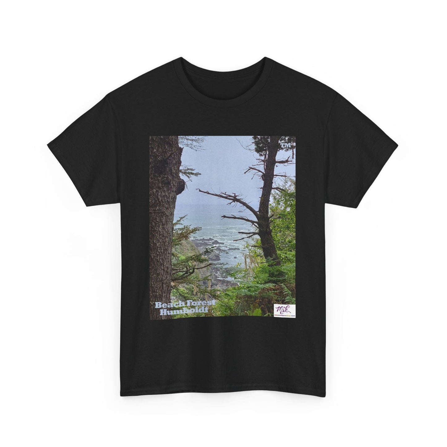 Unisex_Heavy_Cotton_Tee_-_Beach_Forest_Humboldt_-_Black_- MiE Designs Shop. Sitka Spuce flank a trailhead leading down to rocky coastline below. Small Sizes