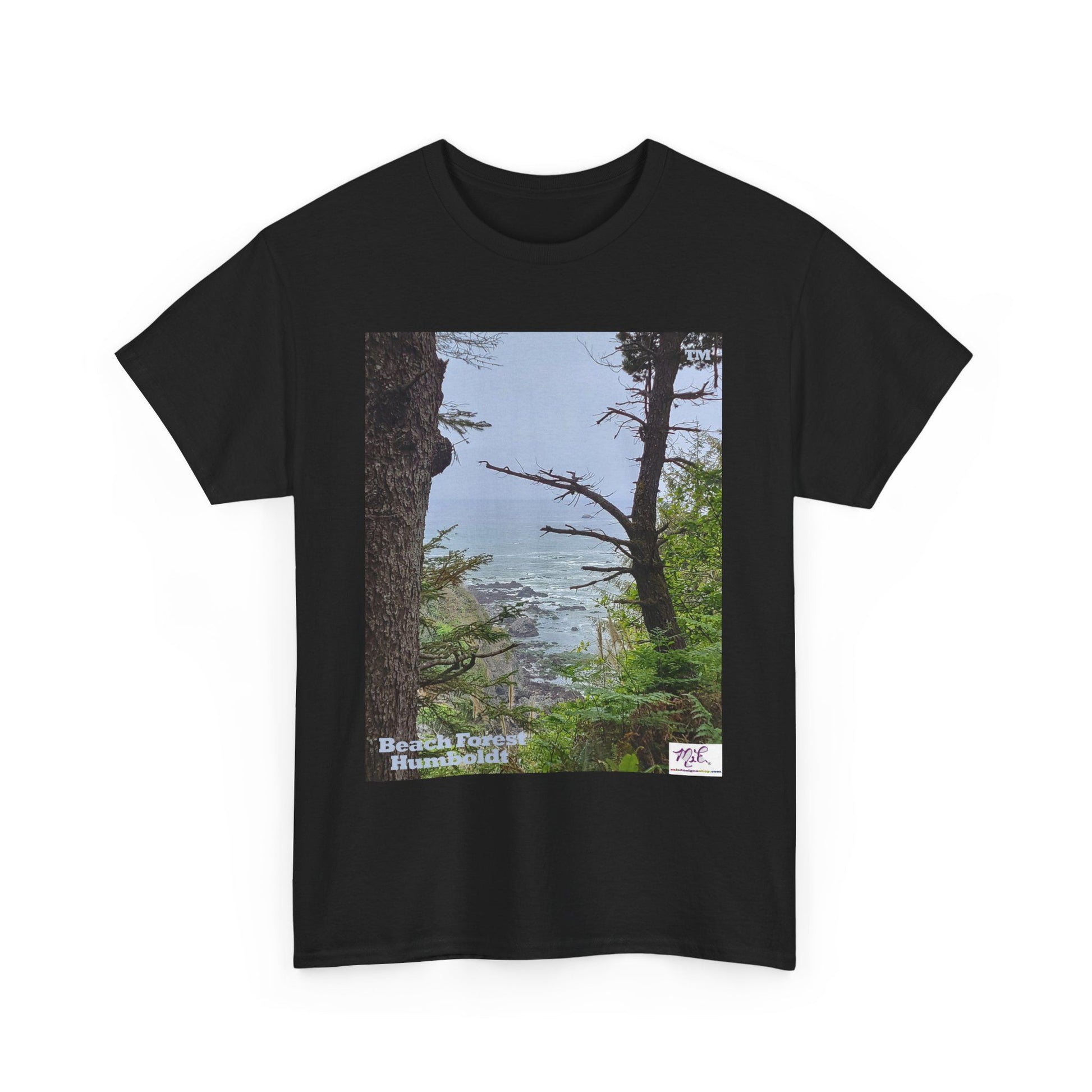 Unisex_Heavy_Cotton_Tee_-_Beach_Forest_Humboldt_-_Black_- MiE Designs Shop. Sitka Spuce flank a trailhead leading down to rocky coastline below. Small Sizes