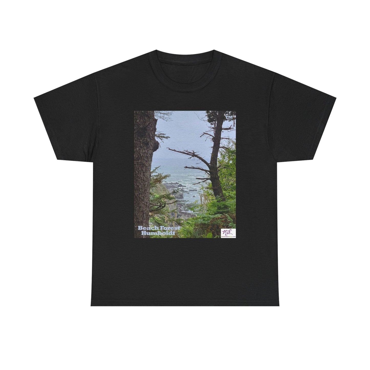 Unisex_Heavy_Cotton_Tee_-_Beach_Forest_Humboldt_-_Black_- MiE Designs Shop. Sitka Spuce flank a trailhead leading down to rocky coastline below. Large Sizes