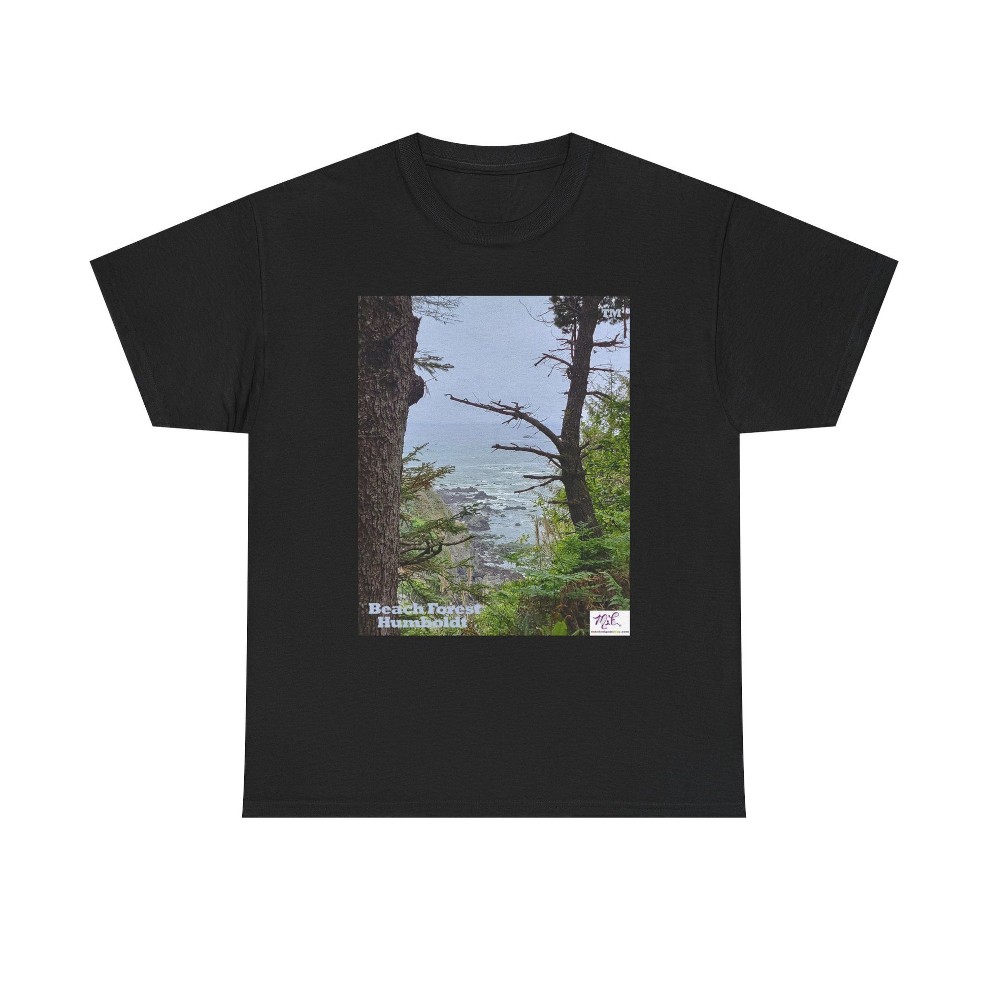 Unisex_Heavy_Cotton_Tee_-_Beach_Forest_Humboldt_-_Black_- MiE Designs Shop. Sitka Spuce flank a trailhead leading down to rocky coastline below. Large Sizes