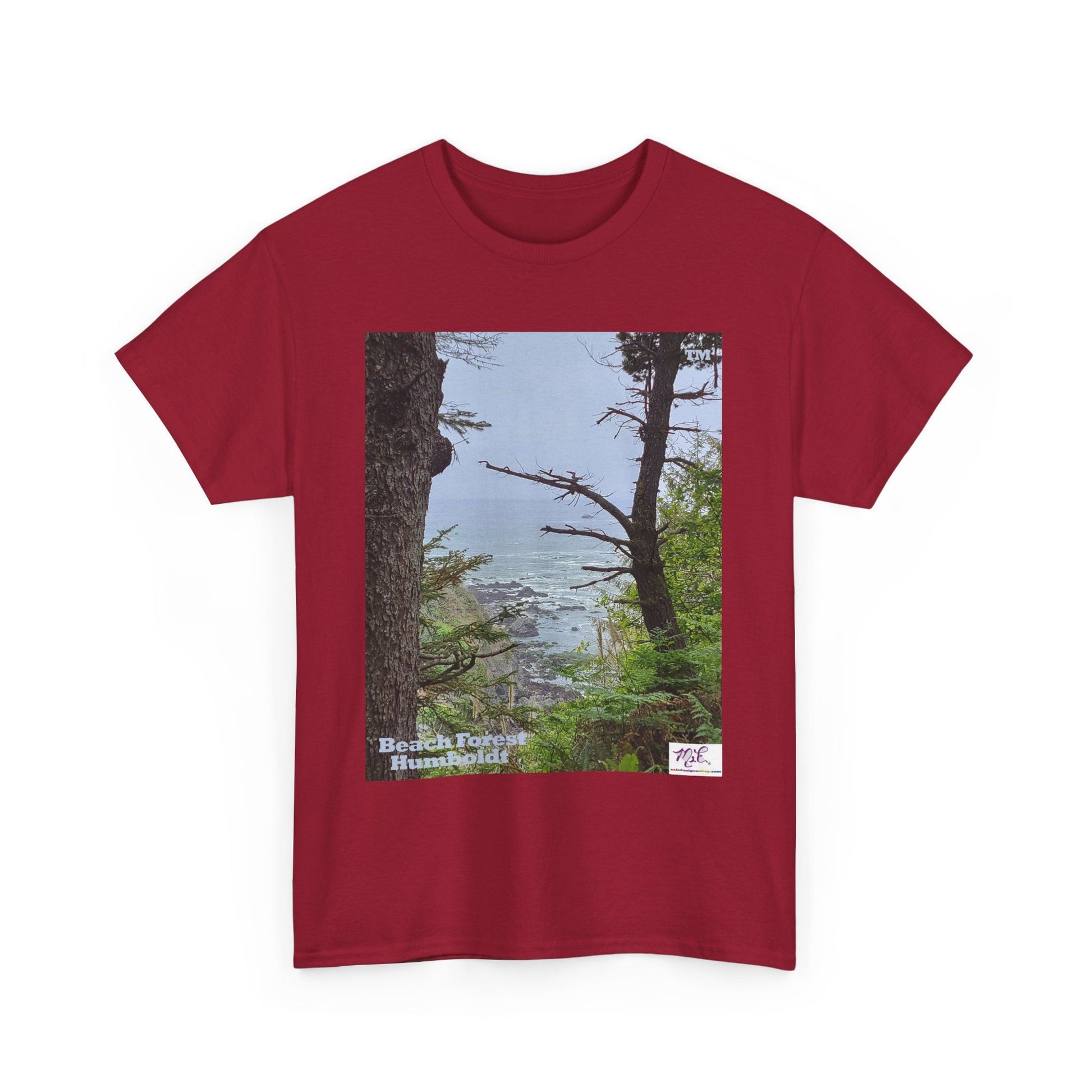 Unisex_Heavy_Cotton_Tee_-_Beach_Forest_Humboldt_-_Cardinal Red_- MiE Designs Shop. Sitka Spuce flank a trailhead leading down to rocky coastline below. Small Sizes