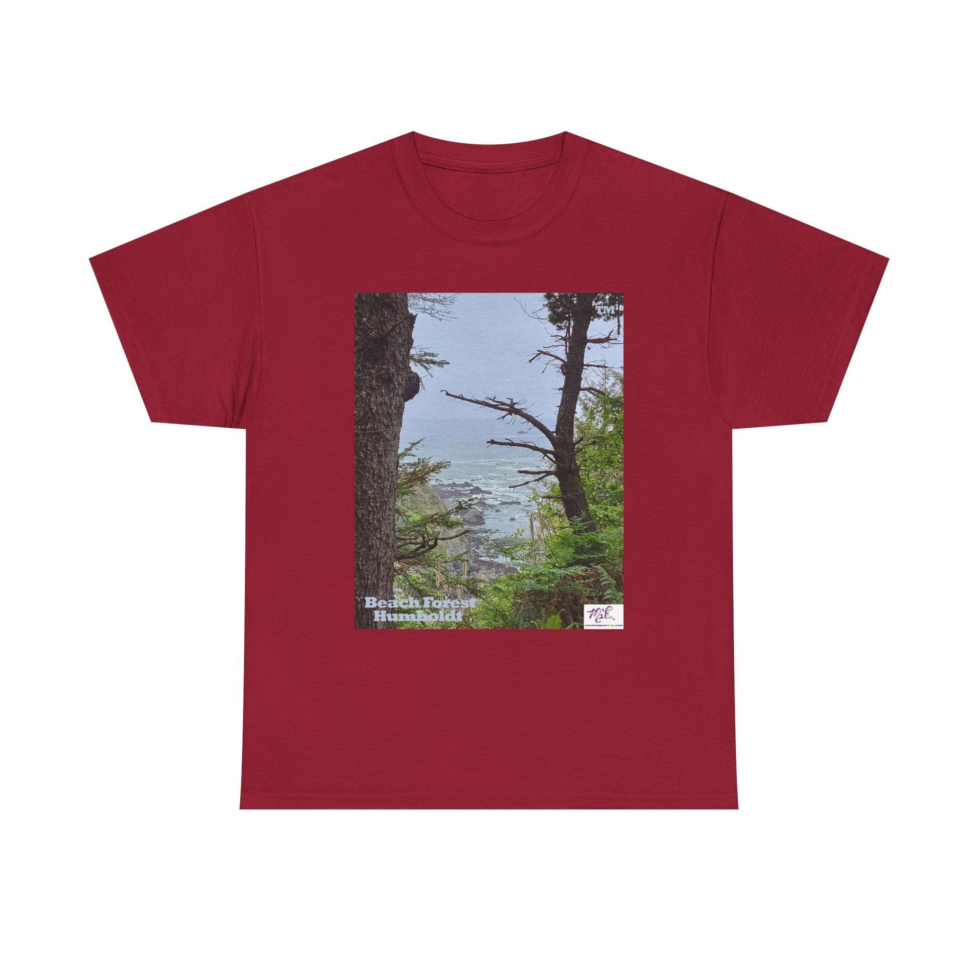 Unisex_Heavy_Cotton_Tee_-_Beach_Forest_Humboldt_-_Cardinal Red_- MiE Designs Shop. Sitka Spuce flank a trailhead leading down to rocky coastline below. Large Sizes