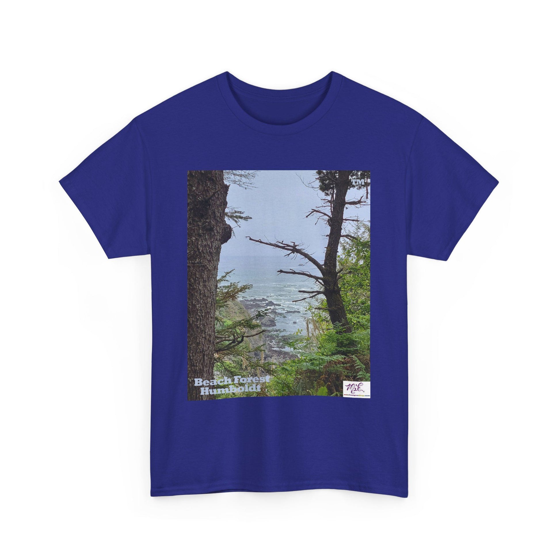Unisex_Heavy_Cotton_Tee_-_Beach_Forest_Humboldt_-_Cobalt_- MiE Designs Shop. Sitka Spuce flank a trailhead leading down to rocky coastline below. Small Sizes