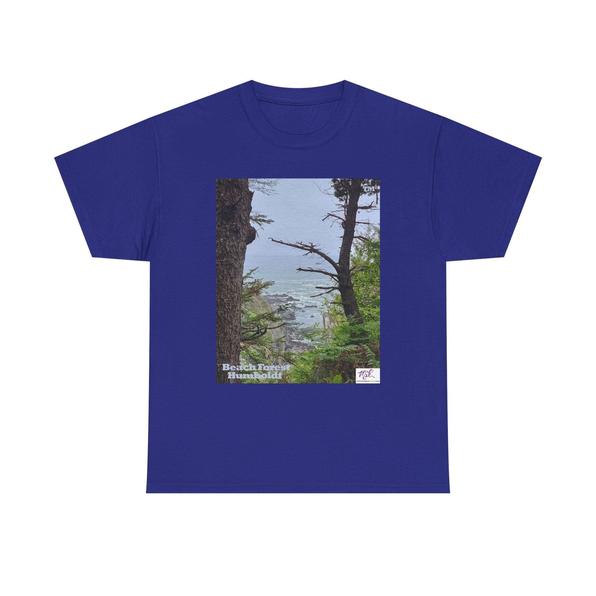 Unisex_Heavy_Cotton_Tee_-_Beach_Forest_Humboldt_-_Cobalt_- MiE Designs Shop. Sitka Spuce flank a trailhead leading down to rocky coastline below. Large Sizes