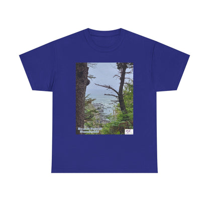Unisex_Heavy_Cotton_Tee_-_Beach_Forest_Humboldt_-_Cobalt_- MiE Designs Shop. Sitka Spuce flank a trailhead leading down to rocky coastline below. Large Sizes