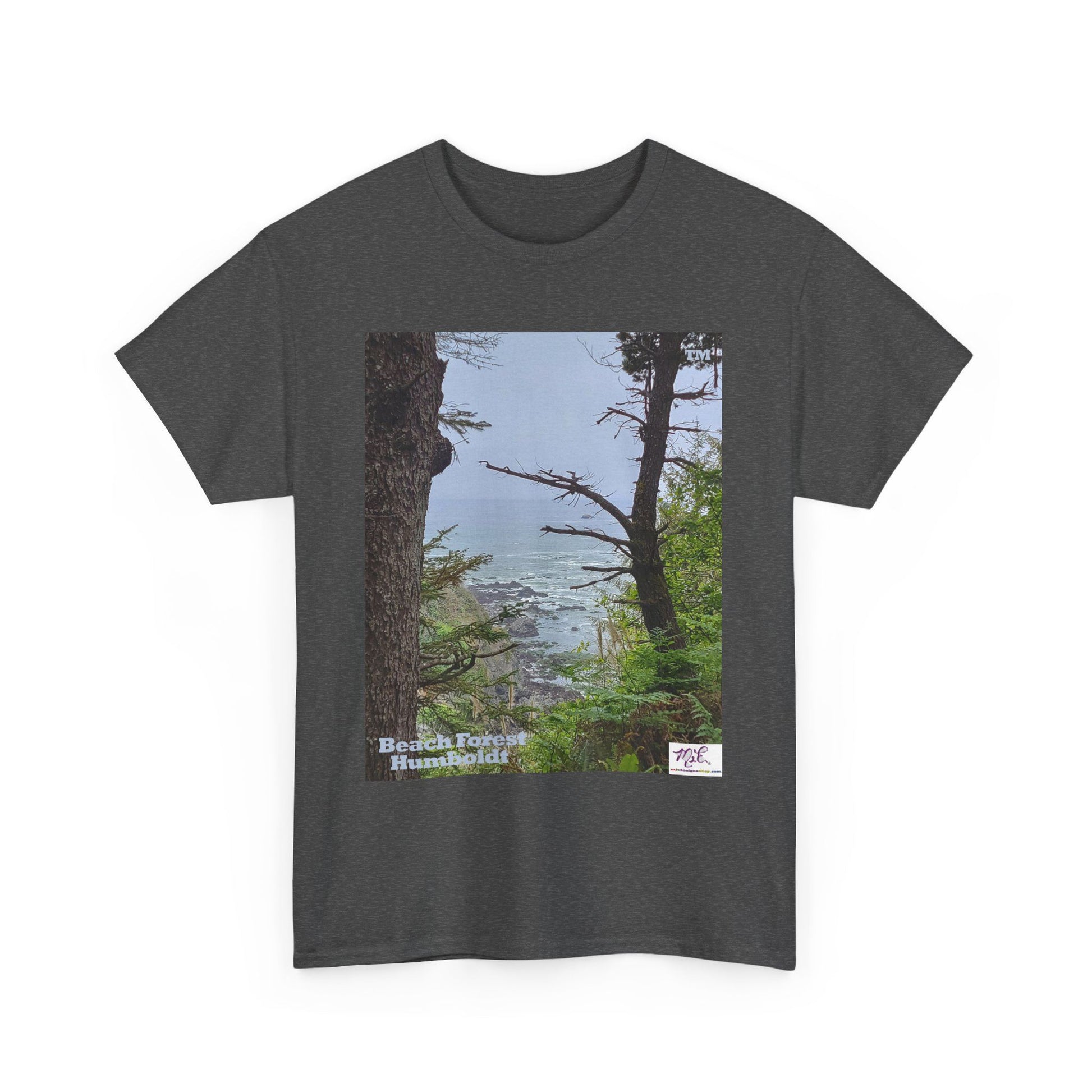 Unisex_Heavy_Cotton_Tee_-_Beach_Forest_Humboldt_-_Dark Heather_- MiE Designs Shop. Sitka Spuce flank a trailhead leading down to rocky coastline below. Small Sizes