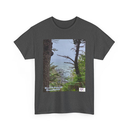 Unisex_Heavy_Cotton_Tee_-_Beach_Forest_Humboldt_-_Dark Heather_- MiE Designs Shop. Sitka Spuce flank a trailhead leading down to rocky coastline below. Small Sizes