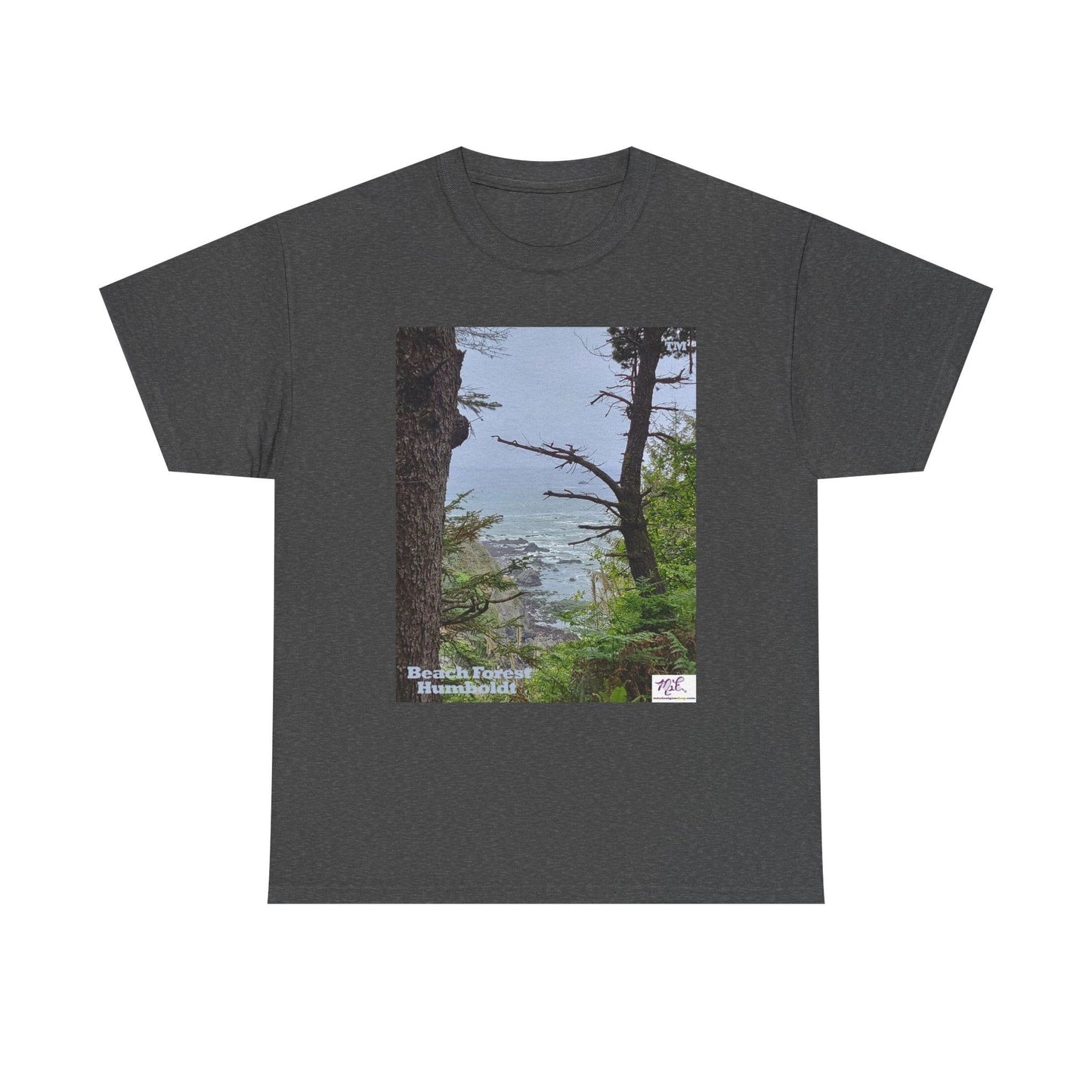 Unisex_Heavy_Cotton_Tee_-_Beach_Forest_Humboldt_-_Dark Heather_- MiE Designs Shop. Sitka Spuce flank a trailhead leading down to rocky coastline below. Large Sizes