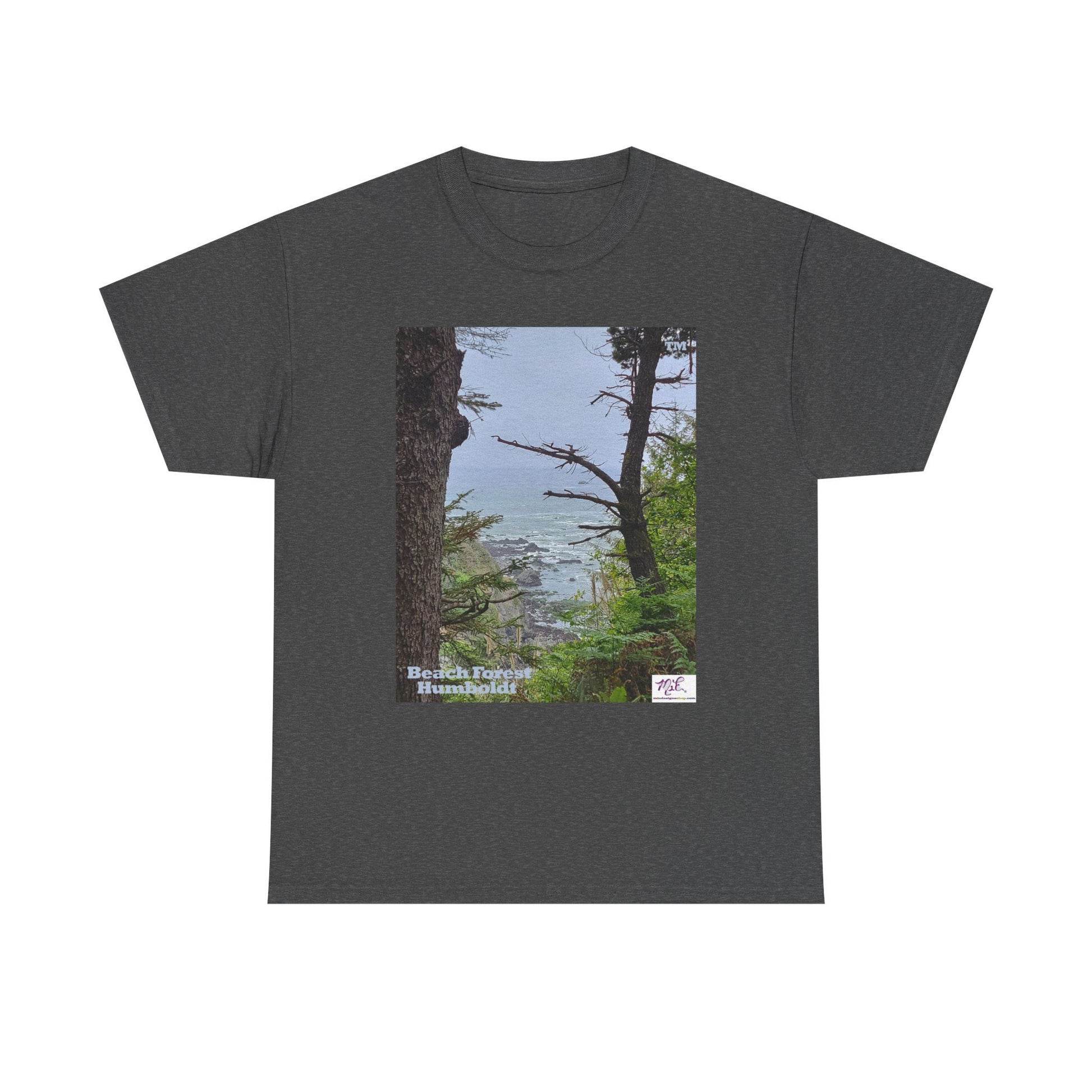 Unisex_Heavy_Cotton_Tee_-_Beach_Forest_Humboldt_-_Dark Heather_- MiE Designs Shop. Sitka Spuce flank a trailhead leading down to rocky coastline below. Large Sizes