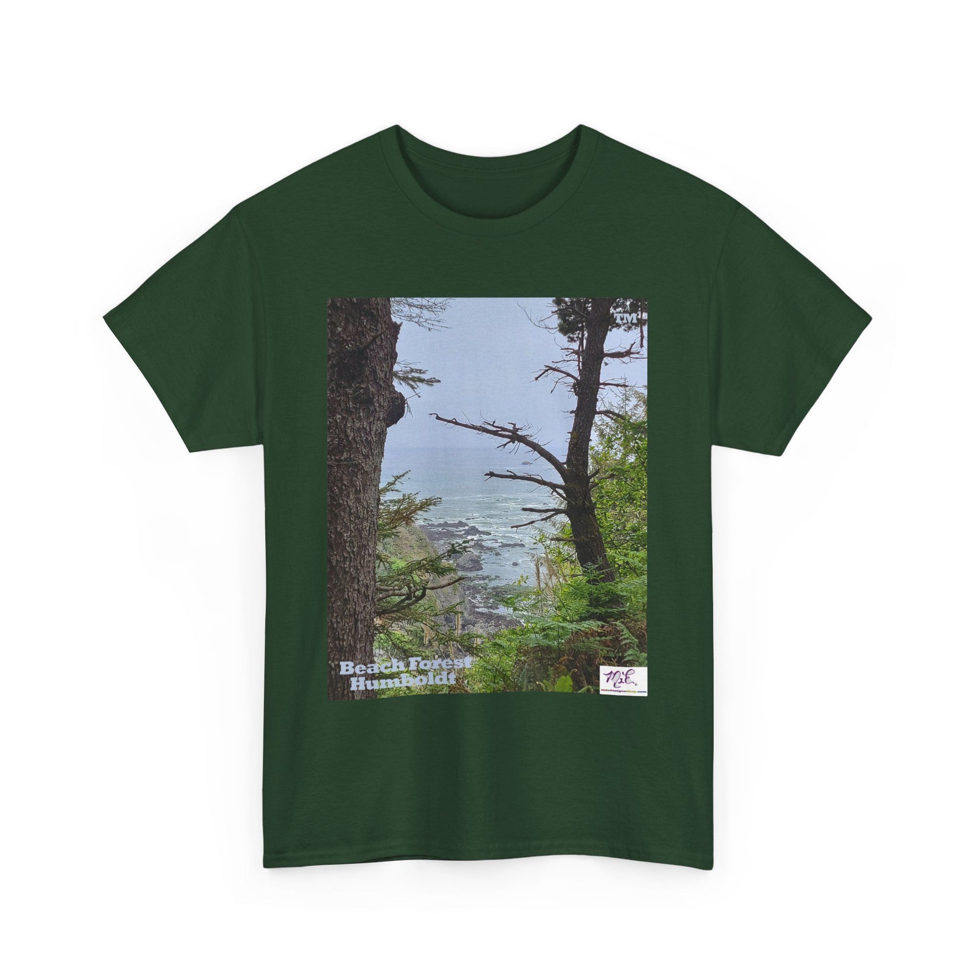 Unisex_Heavy_Cotton_Tee_-_Beach_Forest_Humboldt_-_Forest-Green_- MiE Designs Shop. Sitka Spuce flank a trailhead leading down to rocky coastline below. Small Sizes
