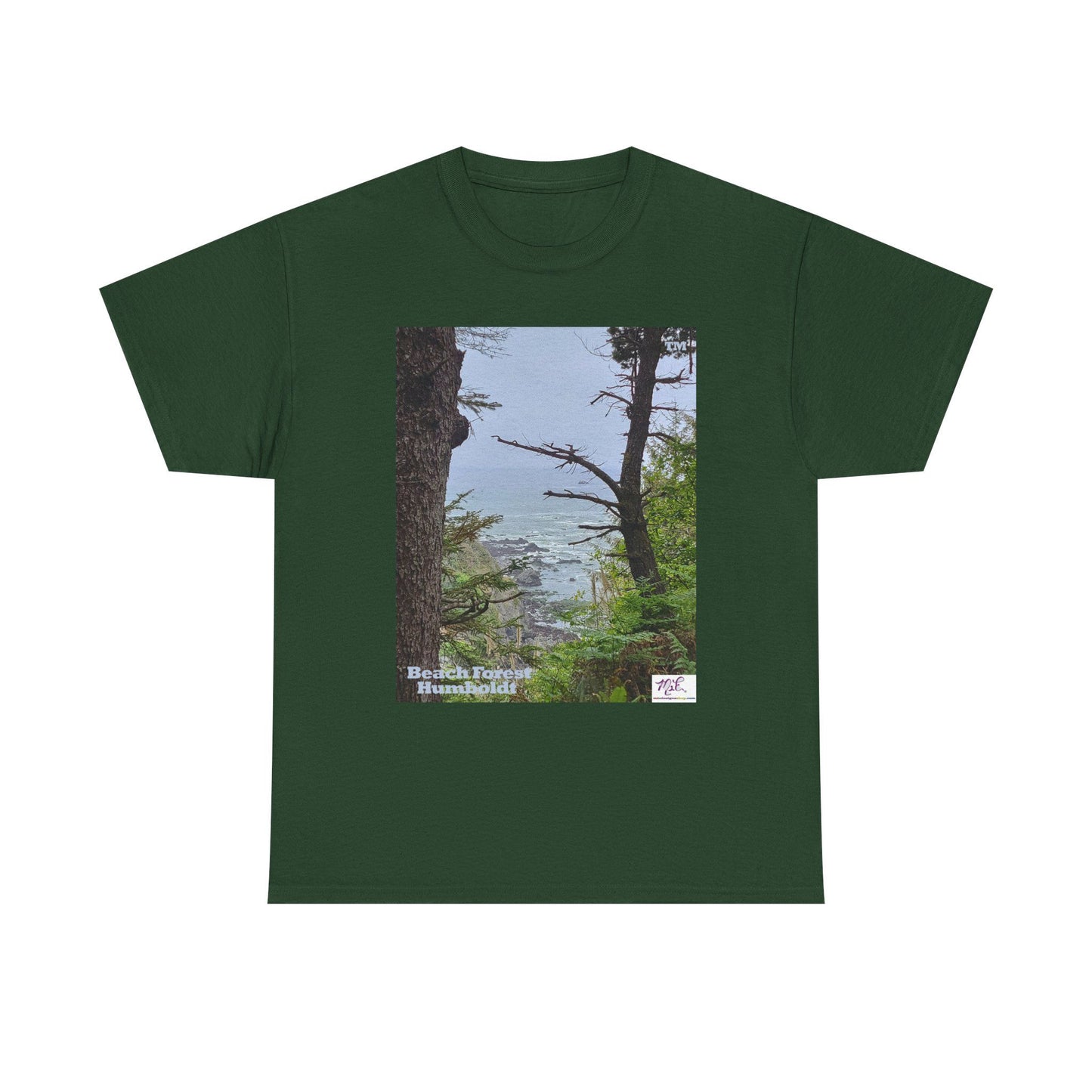 Unisex_Heavy_Cotton_Tee_-_Beach_Forest_Humboldt_-_Forest-Green_- MiE Designs Shop. Sitka Spuce flank a trailhead leading down to rocky coastline below. Large Sizes