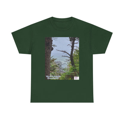 Unisex_Heavy_Cotton_Tee_-_Beach_Forest_Humboldt_-_Forest-Green_- MiE Designs Shop. Sitka Spuce flank a trailhead leading down to rocky coastline below. Large Sizes
