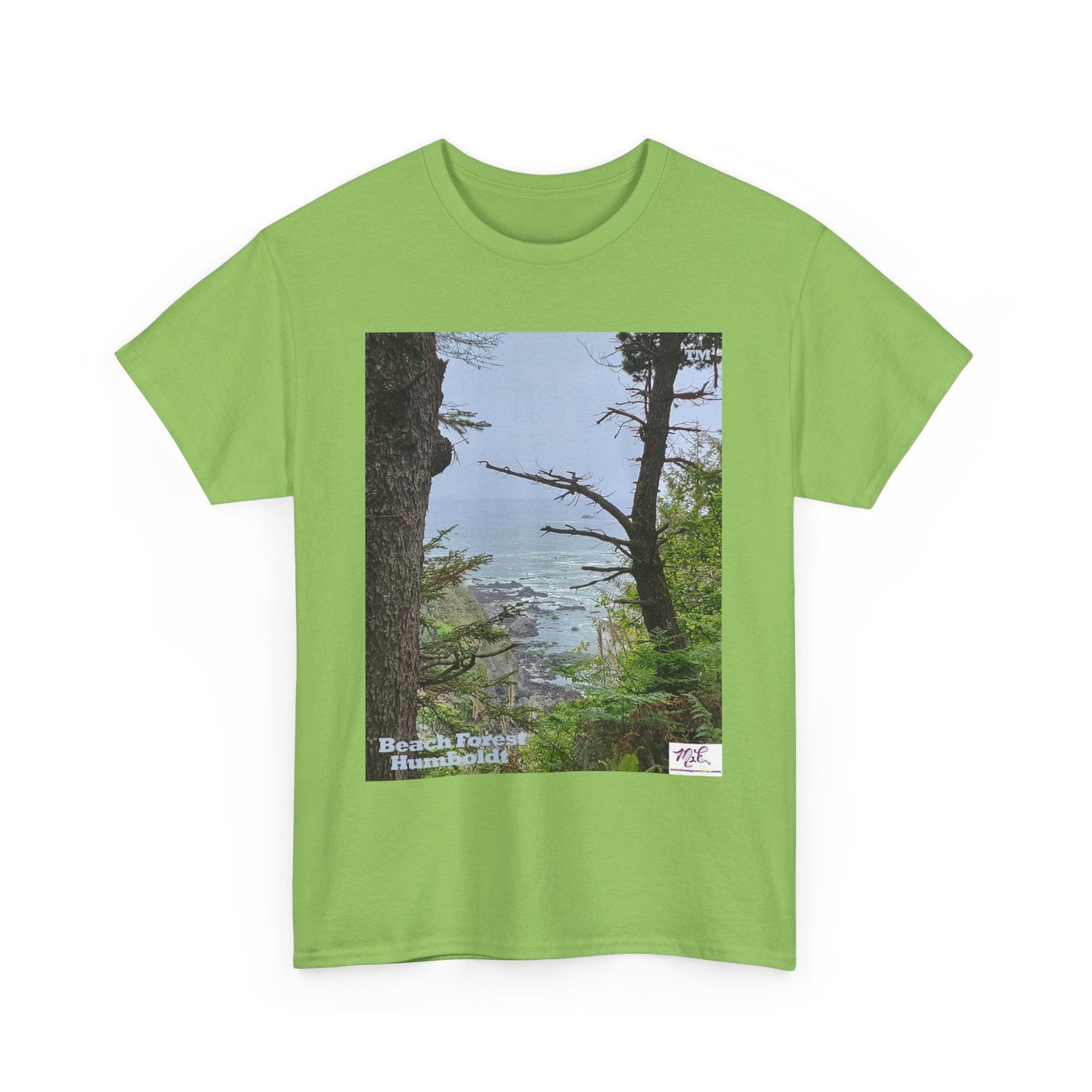 Unisex_Heavy_Cotton_Tee_-_Beach_Forest_Humboldt_-_Lime_- MiE Designs Shop. Sitka Spuce flank a trailhead leading down to rocky coastline below. Small Sizes